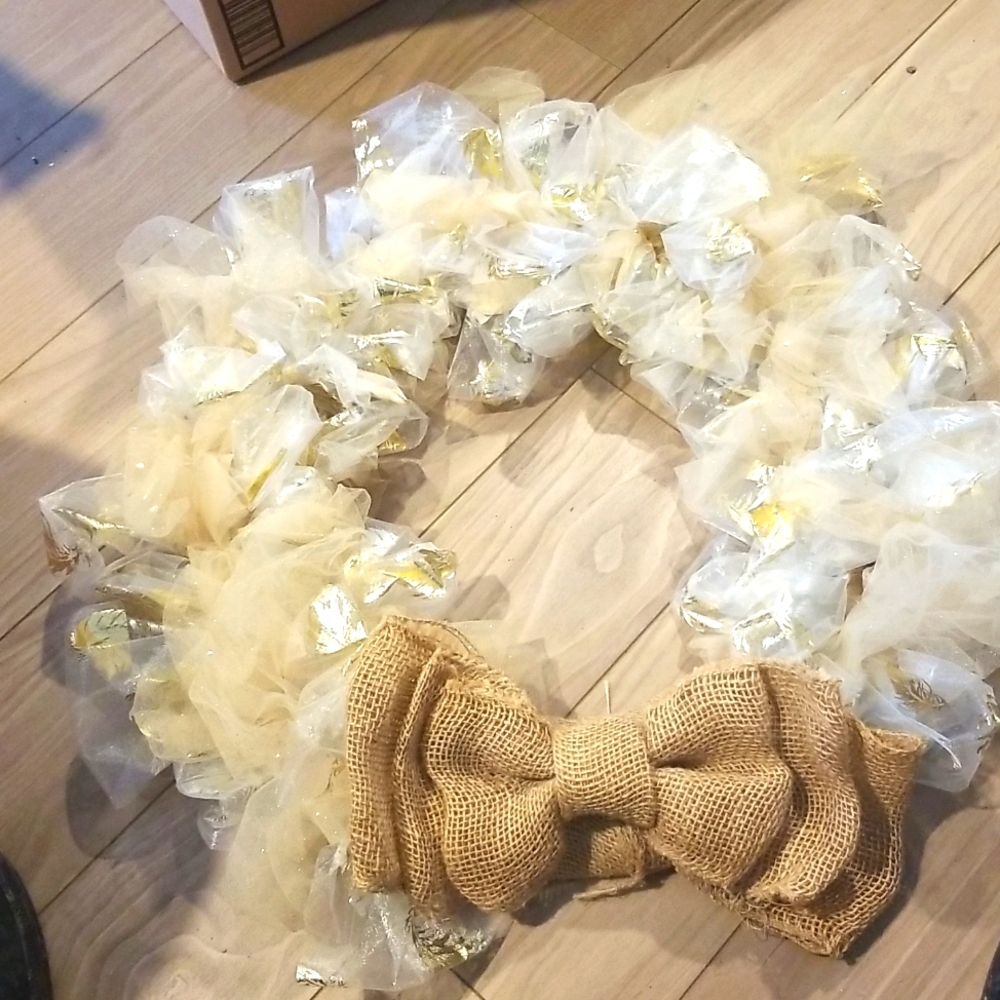 Gold Tone Holiday Wreath with Big Burlap Bow